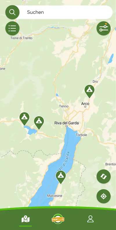 camping.info-App: Kartenansicht mit Campingplätzen am Gardasee