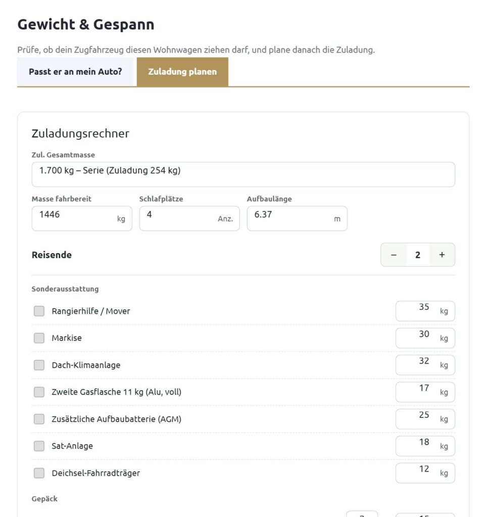 Zuladungsrechner auf jeder Detailseite